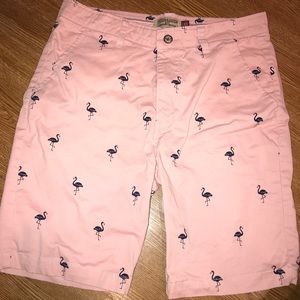 Men’s pink chino shorts with navy flamingos